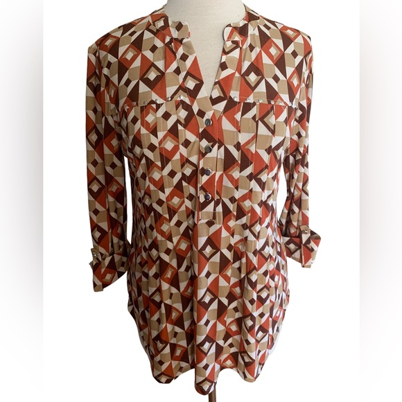 Cocomo Tops - COCOMO Medium Brown Orange White 3/4 sleeve women's Pintuck Blouse top shirt